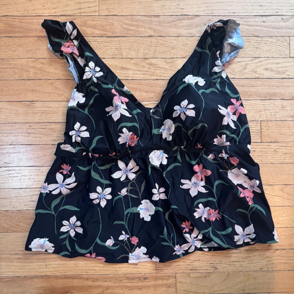 Shade & Shore Black Floral Ruffle Sleeve Tankini Swim Top Plus Size 3X 24-26